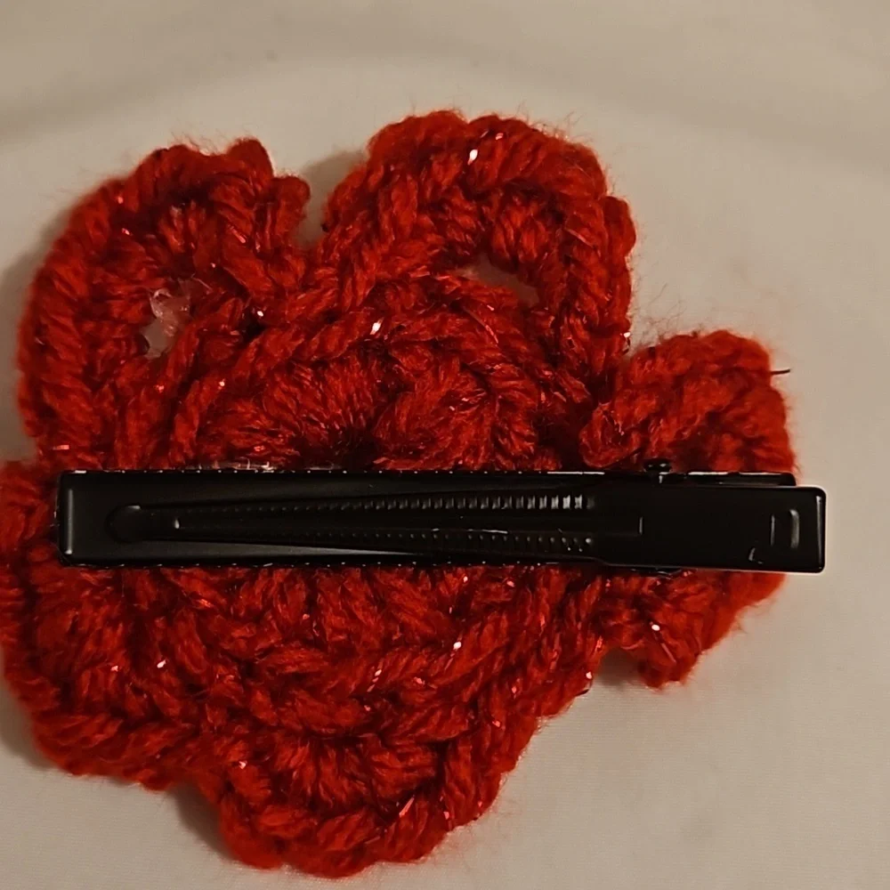 Hand Crafted Hand Knit Crochet Red White yellow puffy flower TikTok fashion bow